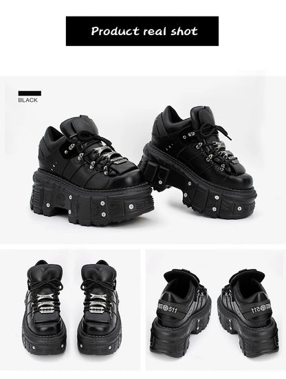 2025 New Punk Style Women Shoes Lace-up Heel Height 6CM Platform Shoes Woman Gothic Ankle Rock Boots Metal Decor Woman Sneakers