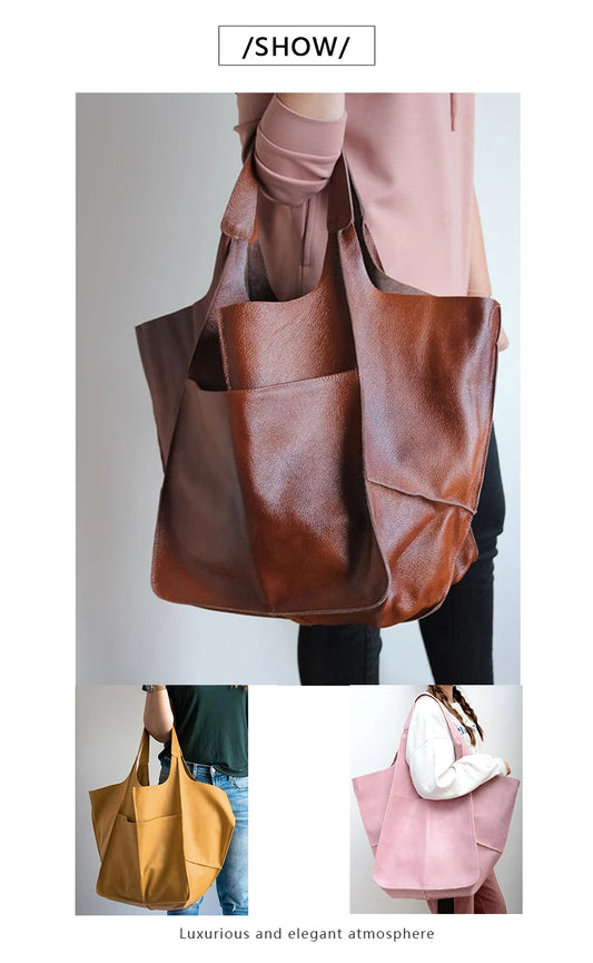 Rretro Handmade Big Beach Tote Bag High Capacity Zipper Shoulder Solid Color Multifunction Handbags For Ladies