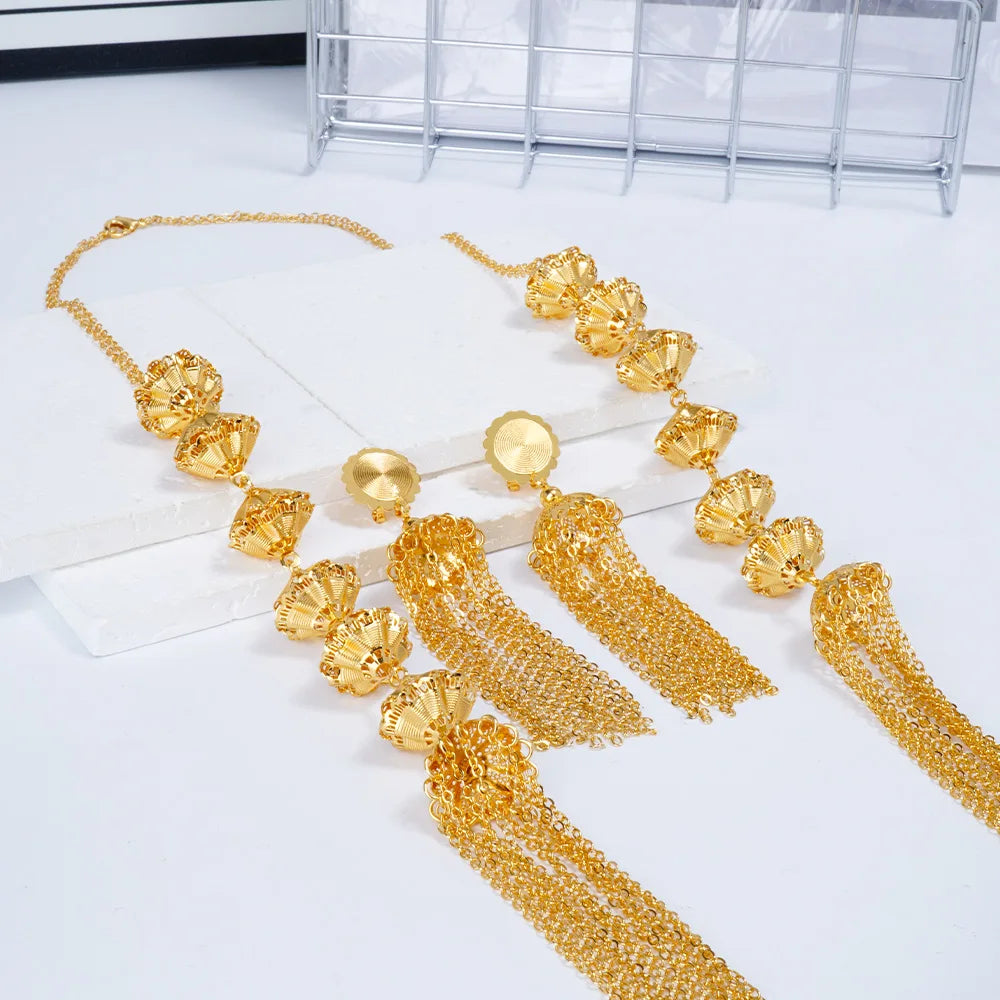 Tassel Necklace Earrings Long Set Women's 24K Gold AU999-Stackable tassel jewelry set,vivid layered style, trendy for mix&match