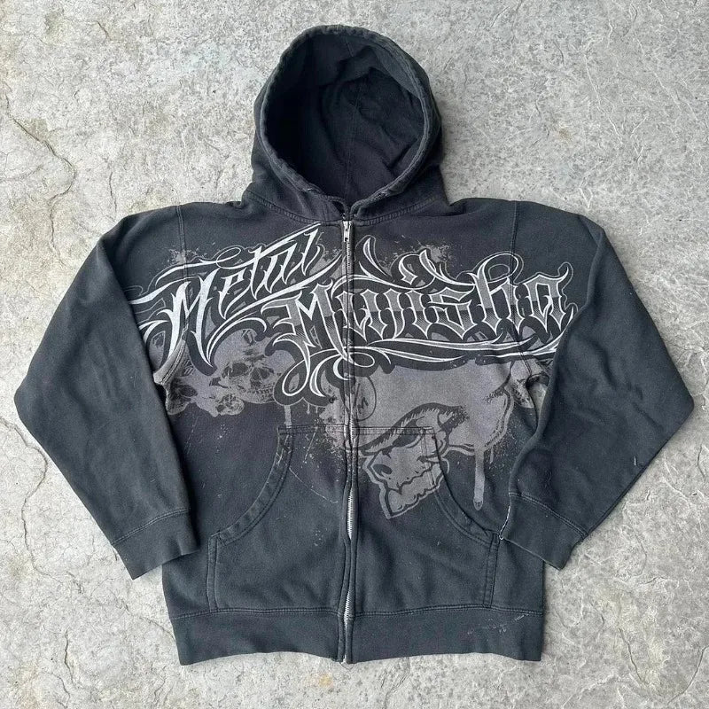 2025 American New Fashion Oversized Pattern Printed Zipper Hooded Sweater Men Y2K Gothic Harajuku Hip Hop Popular Couple Hoodies