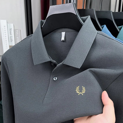 100% pure cotton high-end brand men's long sleeved polo shirt autumn fashion hot selling wheat embroidery golf business T-shirt
