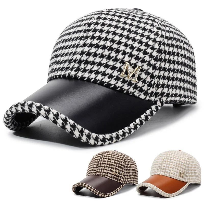 Autumn & Winter New Style Houndstooth Wool Blend Baseball Cap, Women's Versatile Fashion Cotton Hat