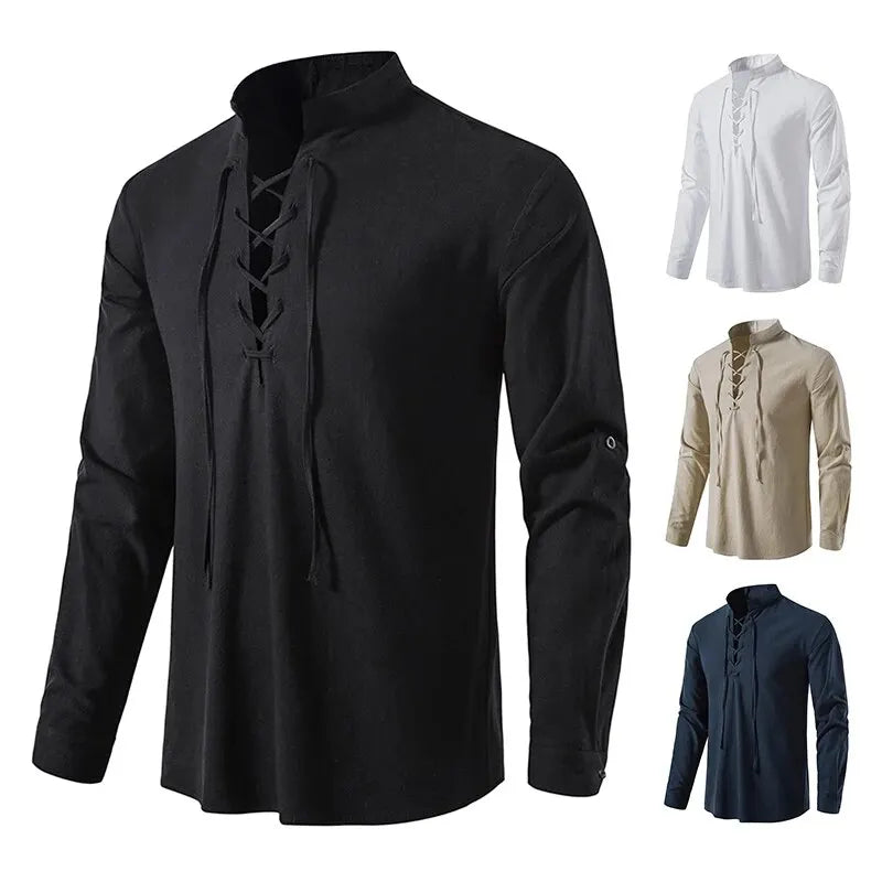 King Billion Men's Shirts Casual Men Cotton Linen Long Sleeve T-shirt Spring Autumn Vintage Shirt US Size Drawstring Neck