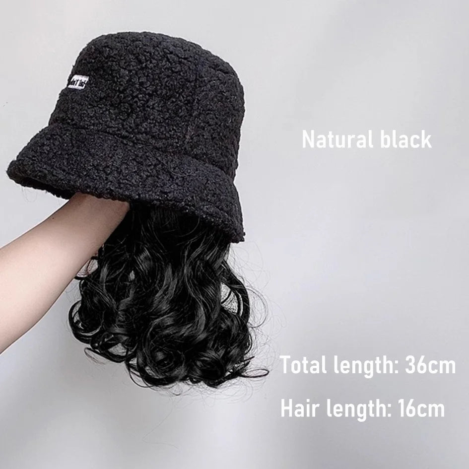 Synthetic 50cm winter cold resistant wig hat with long straight hair and long curly hair black/white hat with lambhair Christmas