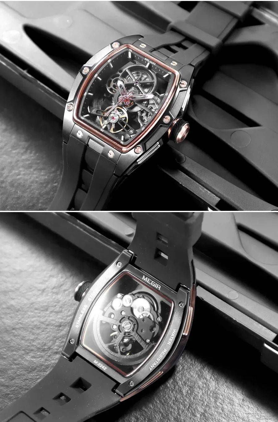 MEGIR Men's Automatic Mechanical Watch with Stainless Steel Case Silicone Band Skeleton Dial Waterproof Sport Wristwatch