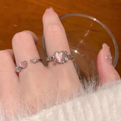 Fashion Trend Pink Crystal Bowknot Heart Rings Zircon Ring Y2K Shiny Zircon Rings for Women Girls Party Aesthetic Jewelry 2024 N