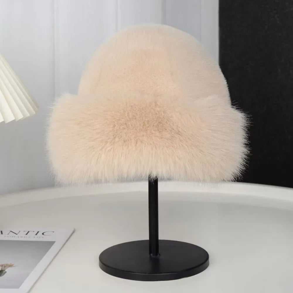 Women's Fluffy Fur Bucket Hat Plush Winter Fisherman Cap Warm Thick Hat for Snowy Days Christmas Gifts