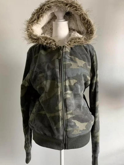 Subculture Gothic Women Coats with Hoodies Vintage Korean Harajuku Black Jackets Faux Fur Coat Female Loose Casual Sweatshirt