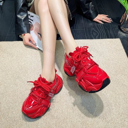 Women Chunky Sneakers Spring New Fashion Lace Up Red Platform Shoes Outdoor Trendy Versatile Casual Sports Shoes Zapatos Mujer