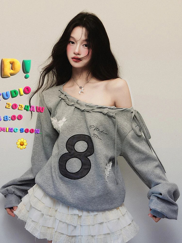 Jmprs Y2K Streetwear Gray Sweatshirts Women Off Shoulder Loose Letter Pullovers Harajuku Retro Female Casual American Tops New