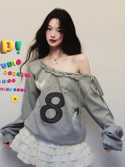 Jmprs Y2K Streetwear Gray Sweatshirts Women Off Shoulder Loose Letter Pullovers Harajuku Retro Female Casual American Tops New
