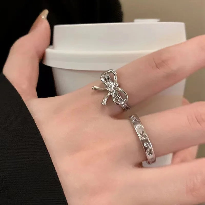 Fashion Trend Pink Crystal Bowknot Heart Rings Zircon Ring Y2K Shiny Zircon Rings for Women Girls Party Aesthetic Jewelry 2024 N