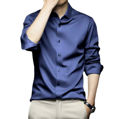 S-6XL Men's Long Sleeve Shirt Luxury Wrinkle Resistant Pure White Shirt Business Dress Casual Ice Silk Glossy Shirt