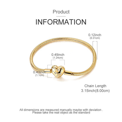 925 Sterling Silver Bracelets 17-20CM Original Golden Sparkling Heart Shaped Bracelet Fit DIY Charms Beads Fashion Women Jewelry