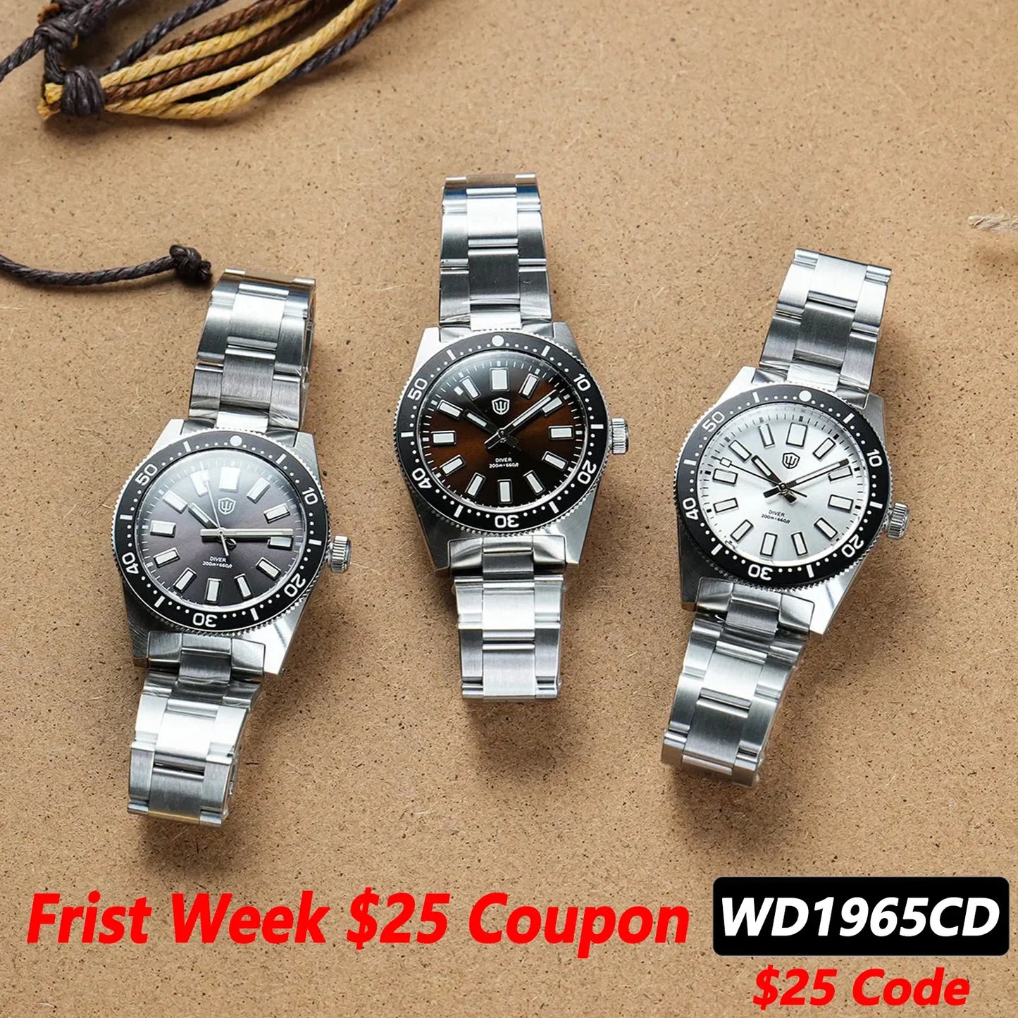 Watchdives WD1965 Luxury Men's Watch VH31 Sweep Second Quartz Movement 38mm Watch Night Light 20Bar Waterproof Watches