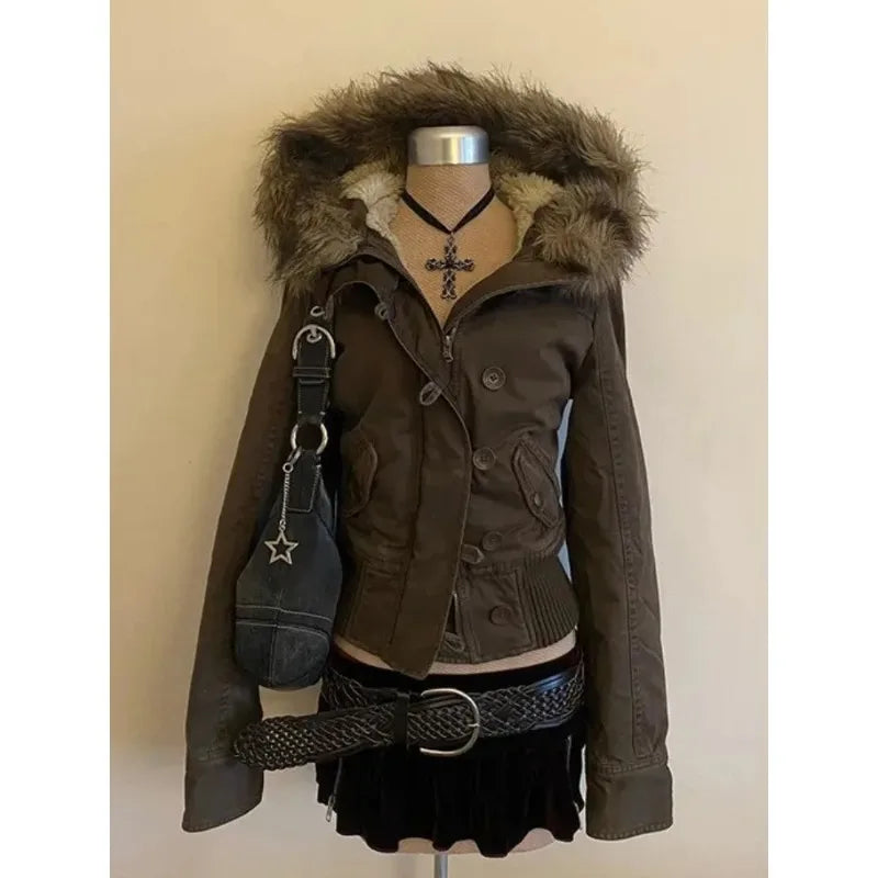 Subculture Gothic Women Coats with Hoodies Vintage Korean Harajuku Black Jackets Faux Fur Coat Female Loose Casual Sweatshirt