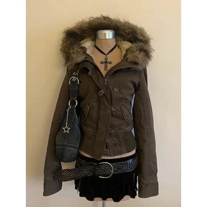 Subculture Gothic Women Coats with Hoodies Vintage Korean Harajuku Black Jackets Faux Fur Coat Female Loose Casual Sweatshirt