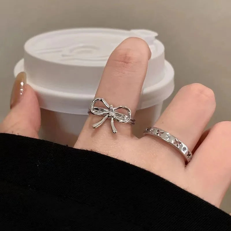 Fashion Trend Pink Crystal Bowknot Heart Rings Zircon Ring Y2K Shiny Zircon Rings for Women Girls Party Aesthetic Jewelry 2024 N