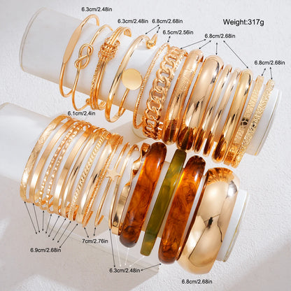 Fashion Minimalist Elegant Metal Textured Resin Cuff Bangle Bracelet Set Boho Adjustable Layered Wristband Daily Party Jewelry
