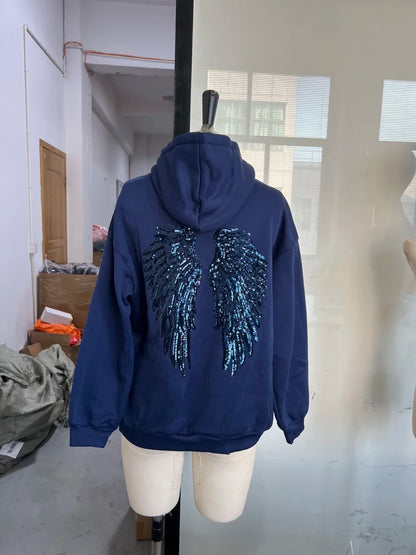 Women's Shinny Sequin Angel Wings Hooded Jacket Pant Long Sleeve Loose Casual Hooded Pullover 2025 New Lady Y2K Autumn Outwears