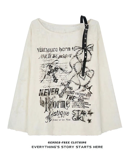 Vintage Y2K Oversize Off shoulder T shirt With Print Women Ripped Top Hole Long sleeve Baggy Basic T shirt Pulovers Ladies Tops