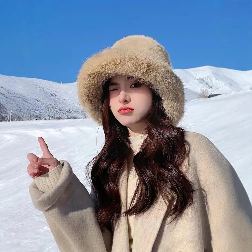 Women's Fluffy Fur Bucket Hat Plush Winter Fisherman Cap Warm Thick Hat for Snowy Days Christmas Gifts