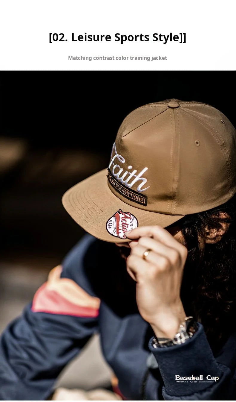 Maden Vintage Embroidered Letter Baseball Cap Unisex Round Top Flat Brim Hat Casual Sun Hat for Streetwear and Hip-Hop Style