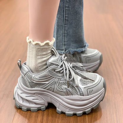 8.5CM Mesh Microfiber Leather Casual Shoes New 2026 Spring Women Chunky Sneakers High Platform Outdoor Sports Dad Shoes Woman