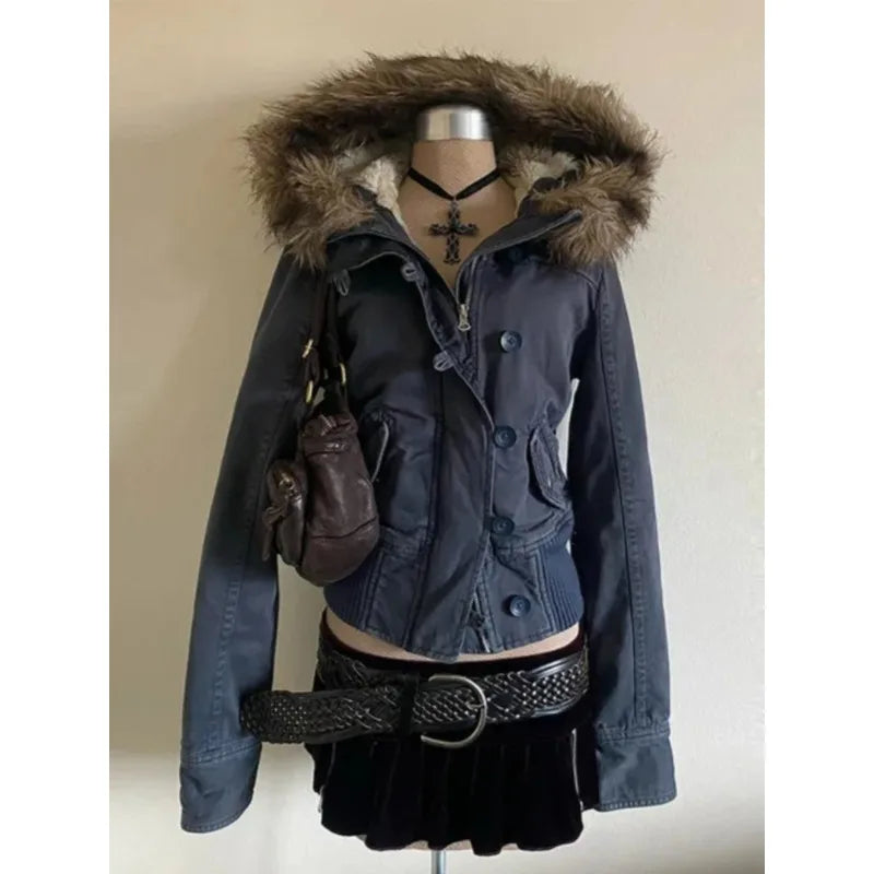 Subculture Gothic Women Coats with Hoodies Vintage Korean Harajuku Black Jackets Faux Fur Coat Female Loose Casual Sweatshirt