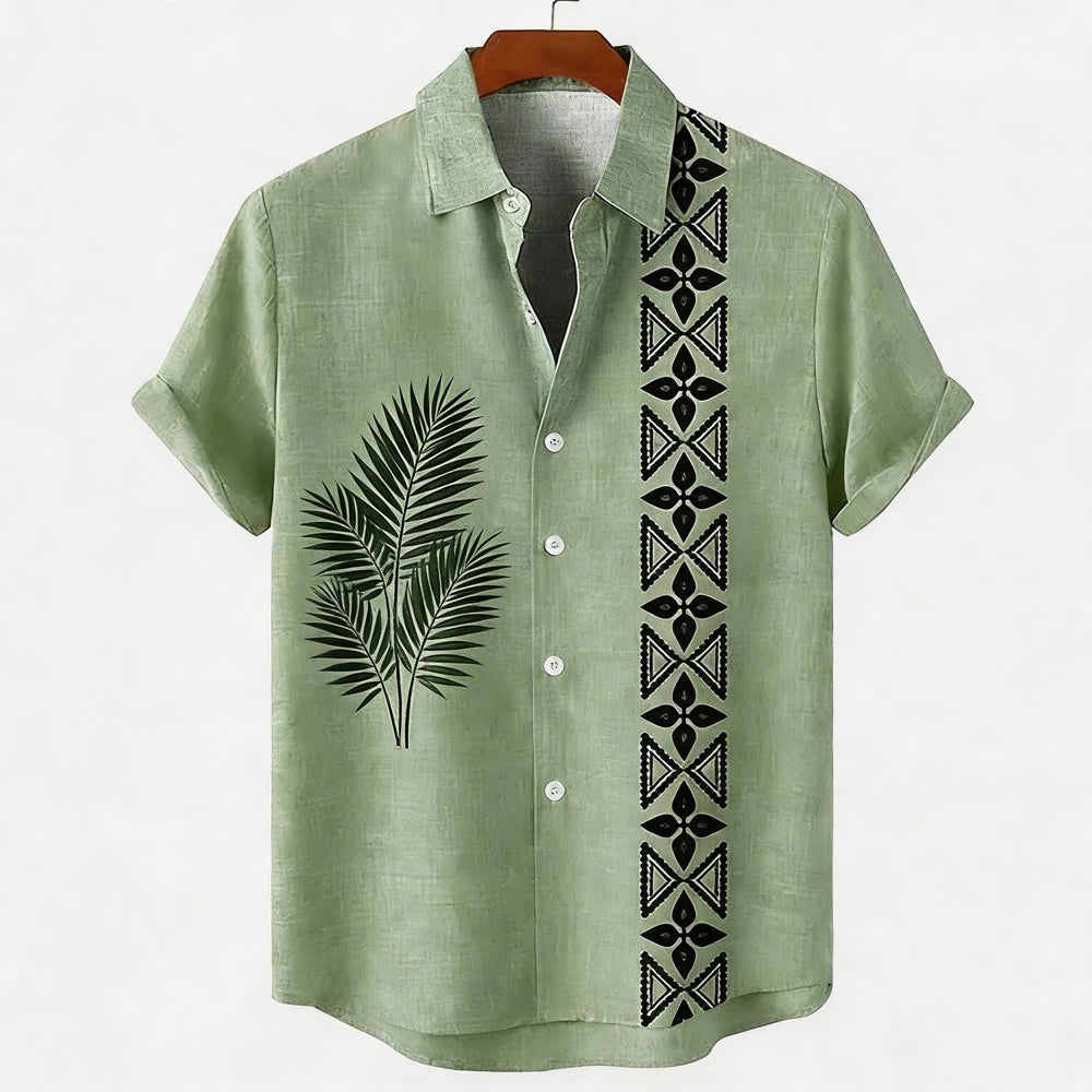 Men's new green linen short-sleeved shirt HD coconut tree pattern 3D printed shirt Hawaiian vacation outdoor social men's wear