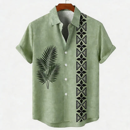 Men's new green linen short-sleeved shirt HD coconut tree pattern 3D printed shirt Hawaiian vacation outdoor social men's wear