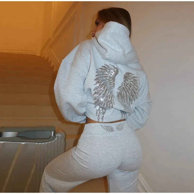 Fashion Wings Beads Sweathirts Women Oversized Hoodies Fleece Lining Sequined Casual Pullover Top Y2K Clothes Lady Outfits 2026
