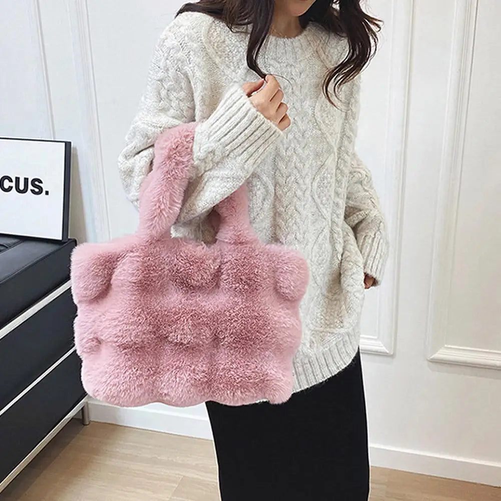 Women Plush Shoulder Bag Fluffy Handbag Large Capacity Casual Commuting Bag Furry Carrying Bag Soft Shopper Bag